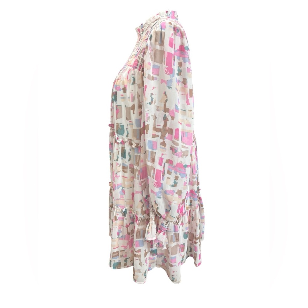 Entro Pink Abstract Print Smocked Tiered Ruffle Long Sleeve Mini Dress Medium - Picture 8 of 11